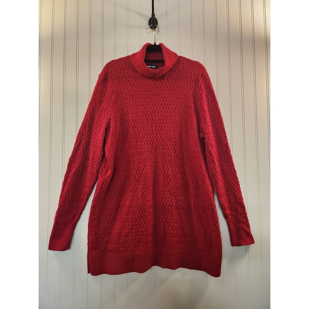 Lands End Women's Red Turtleneck Cable Knit Sweater Dress Size L‎ Cozy Festive